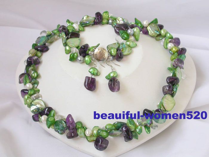 2row green pearl shell amethyst Necklace bangle earring  