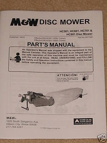 Disc Mower HC501 601 701 801 Illstrd Parts Manual  