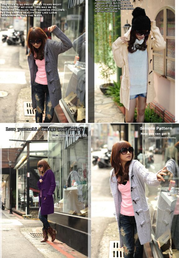 Winter Warm Sweater Hooded Knitting Women Long Coat Cow Horns Buckle 3 