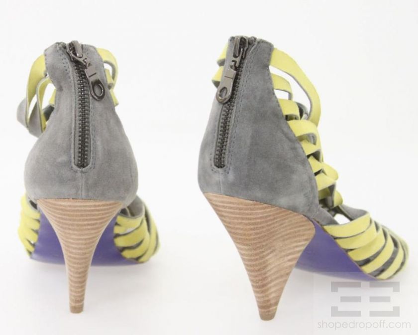 Charlie My Love Yellow & Grey Twisted Leather Open Toe Heels, Size 10 