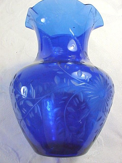 Vintage Etched Cobalt Glass Vase Ruffle Top  