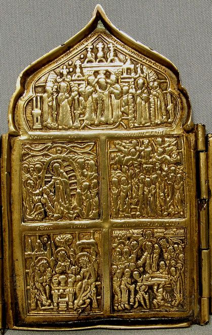 Antique Russian Icon Brass Four Panels, 18th 19th cen.  