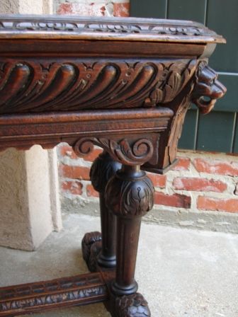 PETITE Antique English Carved Gothic Oak Dolphin Library Table Desk 