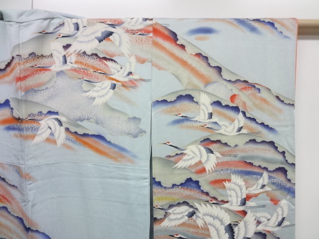 24562# Japanese SILK / FURISODE KIMONO / YUZEN & EMBROIDERY / CRANES 