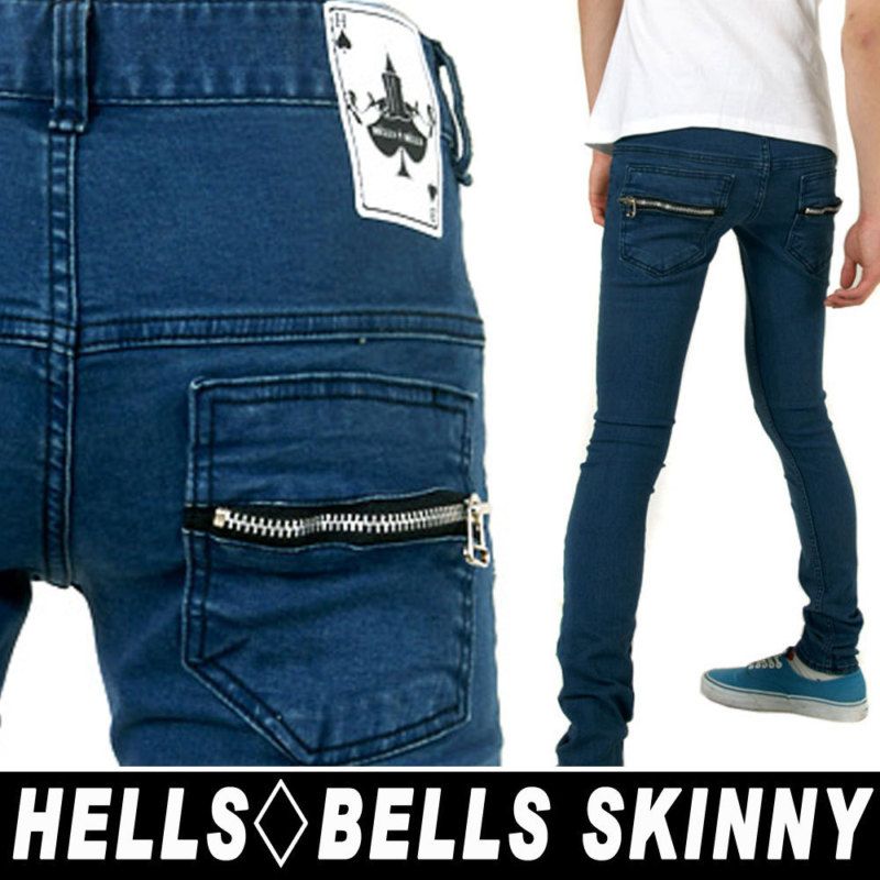 UNISEX MENS SKINNY RAW BLUE JEANS PUNK POCKET 28 30 32  