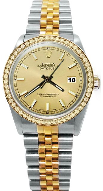 Champagne stick dial rolex date just diamond bezel watch jubilee 