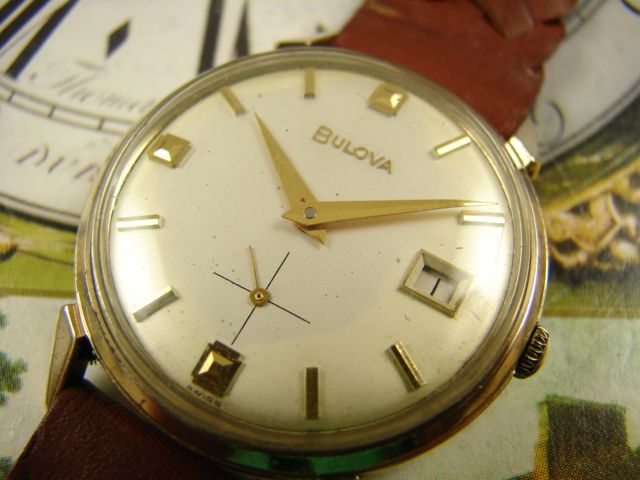 FABULOUS VINTAGE 1966 BULOVA 10k RGP SS MENs DATE WATCH ANGLED LUGS 