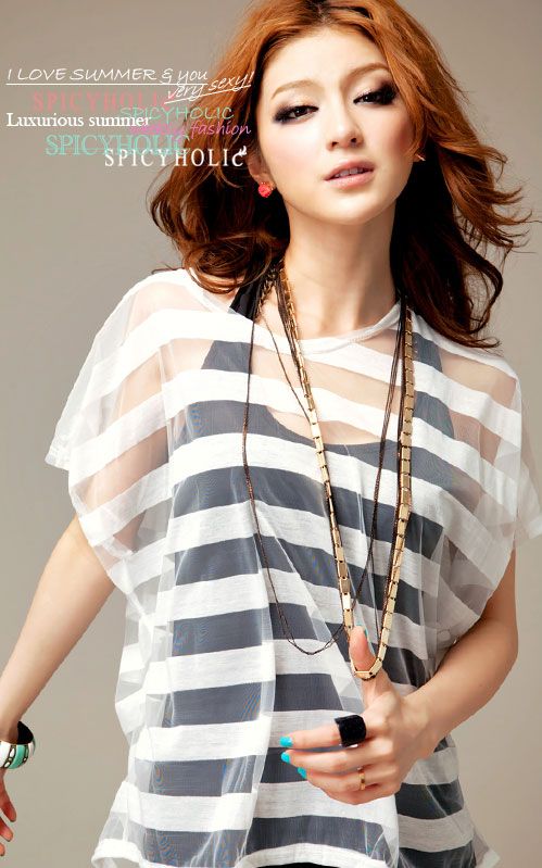 Women Sexy Casual shirt + vest short sleeve striped two piece set T 