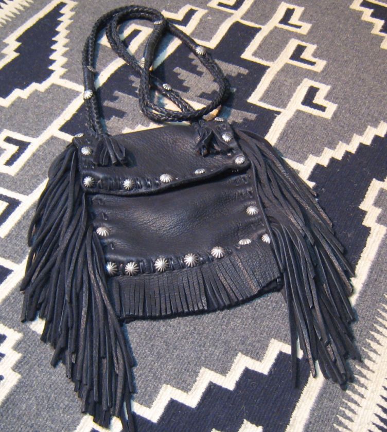 BLACK ELK HIDE FRINGE SHOULDER BAG w/ SILVER CONCHOS #714  