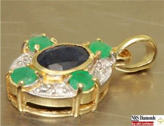   Sapphire + Emerald + Genuine Natural Diamond   Solid 9K Gold Pendant