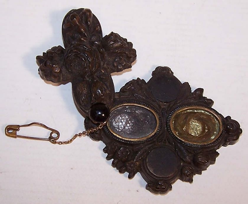 Antique Victorian Gutta Percha Mourning Jewelry Hair Locket Brooch Pin 