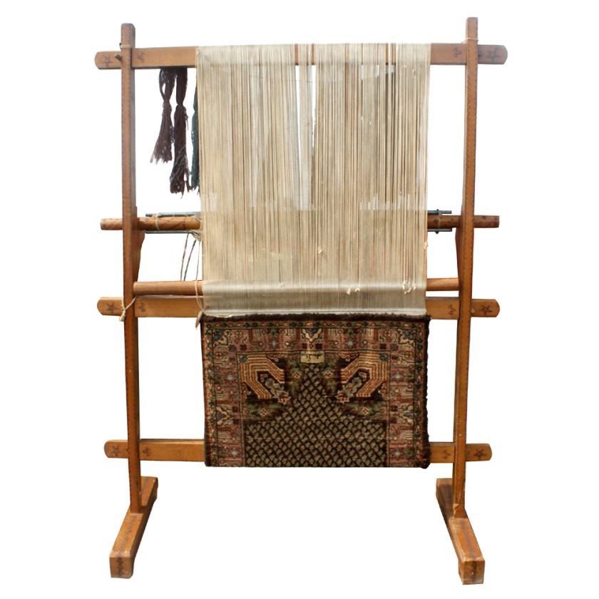 Antique Vertical Weaving Loom with Persian Rug  