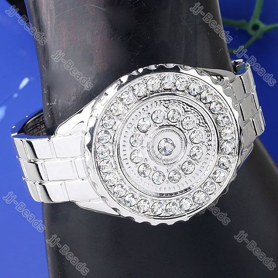 White Circle Crystal Imitated Watch Bracelet Cuff Retro Silver Tone 