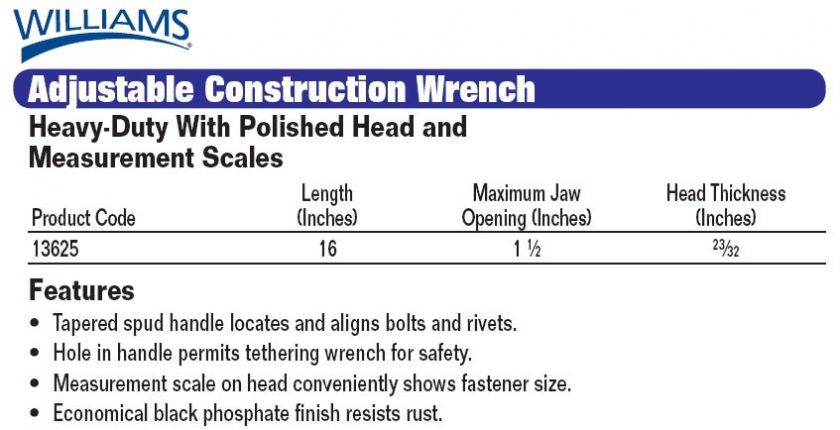 JH WILLIAMS 15 L ADJUSTABLE CONSTRUCTION WRENCH 13625  