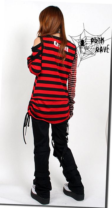 Visual kei Punk rave Rock STRIPED Shirt top skulll printed free 