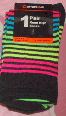 Ladies knee high stripey socks in 3 bright neon colour options BNWT 