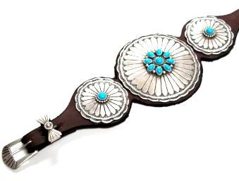 Matthew Charley Big Silver Conchos & Leather Bracelet  