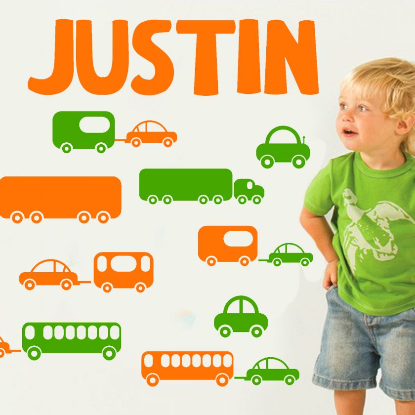 CARS & TRAILERS * Boys Name Vinyl Wall Decal Sticker Art Decor Kids 