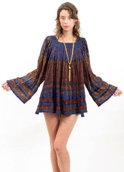 Vtg Sheer INDIA Gauze Crochet Metallic Hippie Bell Slv Kimono Dress 