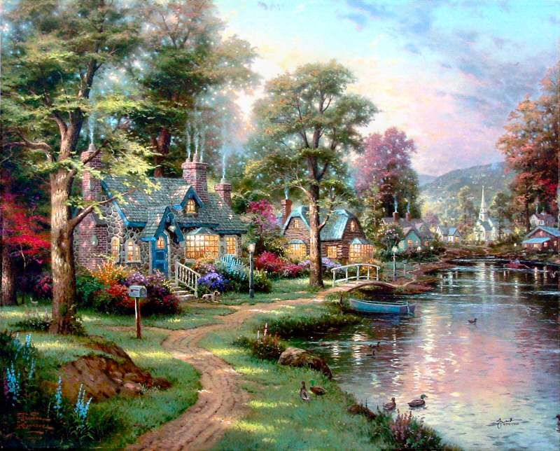 Thomas Kinkade Hometown Lake Photo 10 3/4 x 7 Print of Painting 