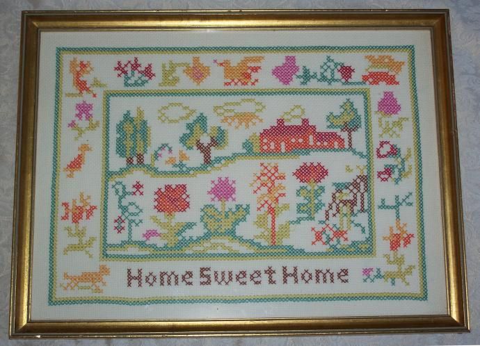 Vintage Framed HOME SWEET HOME Cross Stitch SAMPLER COMPLETED Finished 