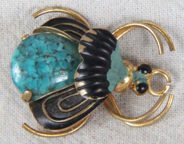 L954 VINTAGE ENAMELED ART DECO BEETLE BUG BROOCH GREEN TURQUOISE MADE 