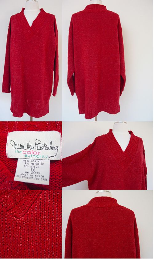   FURSTENBER VINTAGE RED KNITS METALLIC CHRISTMAS SWEATER DRESS TOP 1X