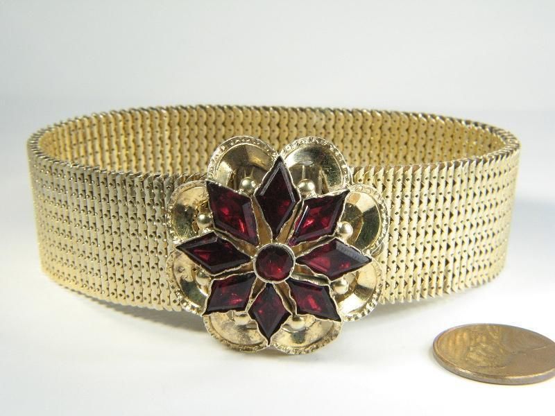 TERRIFIC ANTIQUE ENGLISH SILVER GILT GARNET BUCKLE BRACELET c1860 