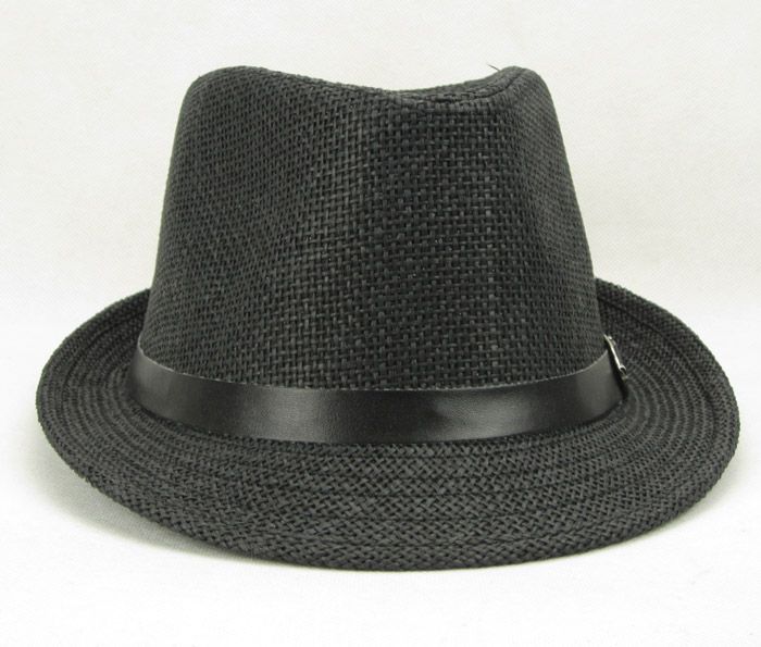 Mens fashion black straw fedora cap trilby hat belt 12  