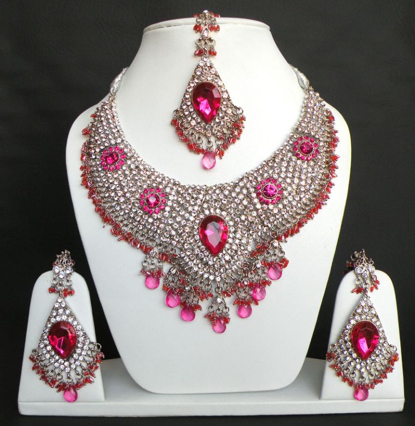 BOLLYWOOD INDIAN WEDDING SARI HEAVY SILVER FINISH KUNDAN NECKLACE SET 