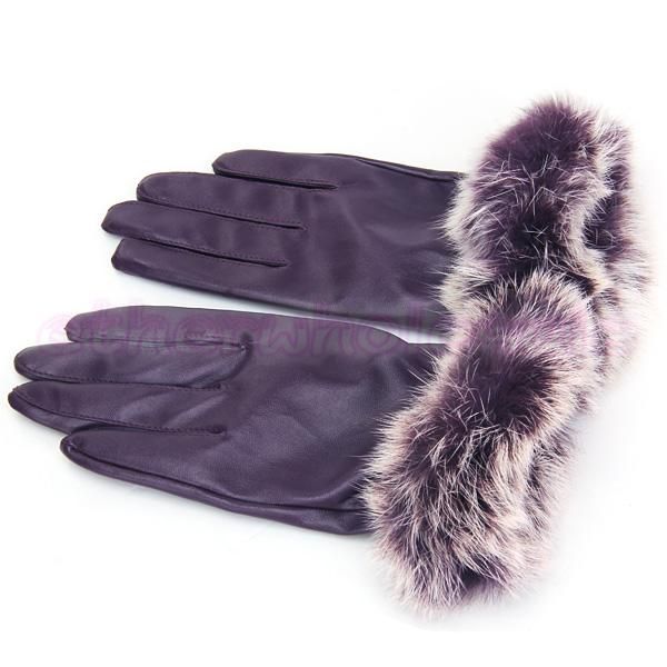   Winter Warm Rabbit Fur & PU Leather Full Finger Waist Gloves  