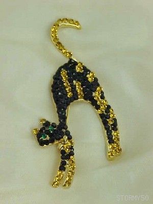 LARGE BLACK ARCHED CAT HALLOWEEN RHINESTONE PIN BROOCH  