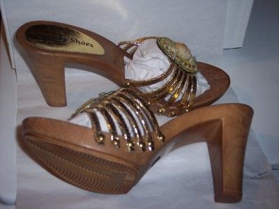 Sandy Shoes Strappy Gold Wooden Wedge Heels   New  