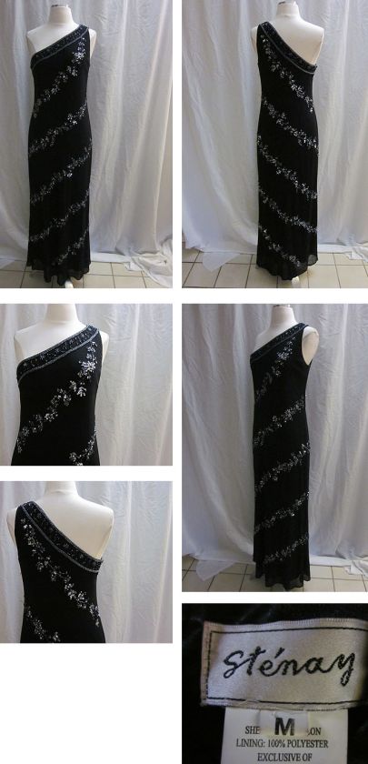 BEAUTIFUL STENAY SEQUINS BEADS ONE SHOULDER BLACK DRESS SIZE M  