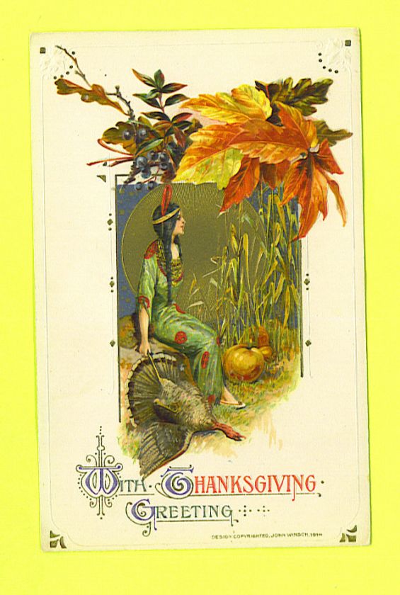   INDIAN SQUAW THANKSGIVING POSTCARD 1914 WINSCH CORN STALKS TURKEY