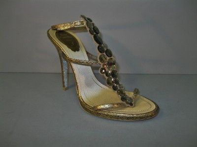 AUTHENTIC RENE CAOVILLA GOLD JEWELED EVENING SHOES STRAPPY SANDALS NEW 