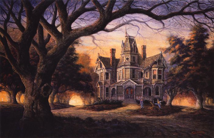 Victorian House Fall Halloween Cat SIGNED Art Souders  