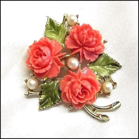 Vintage 50s LRG Coral Celluloid Roses Pearls Brooch Pin  