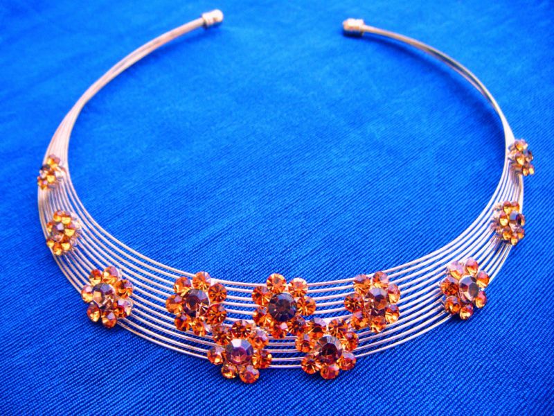 AMBER FLOWERS RHINESTONE CHOKER NECKLACE GOLDTONE  