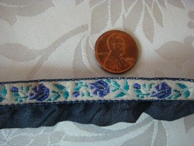 5y Navy blue ruffled floral jacquard trim ribbon 7/8  