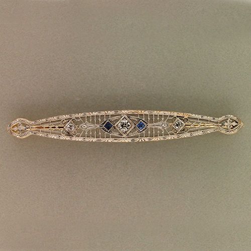   PIERCED PLATINUM DIAMOND SAPPHIRE BAR PIN 14K YELLOW GOLD STEM  