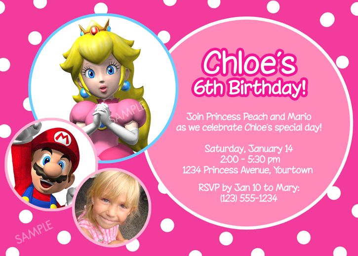 Princess Peach Invitation Mario Bros Birthday Party  