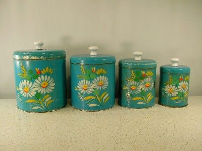 Vintage RANSBURG BLUE Hand Painted Metal Flowered Shabby Chic 7 