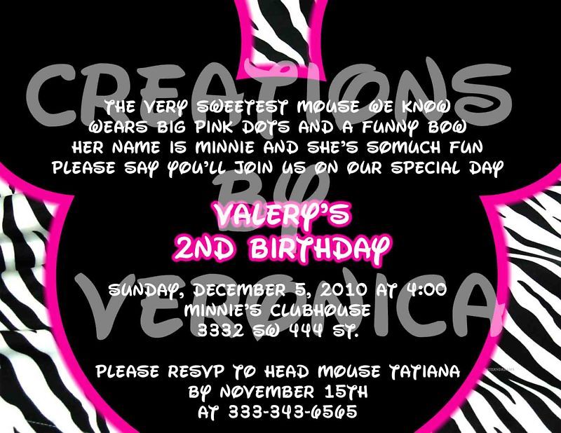 MINNIE MOUSE ZEBRA PINK Invitation * U Print  