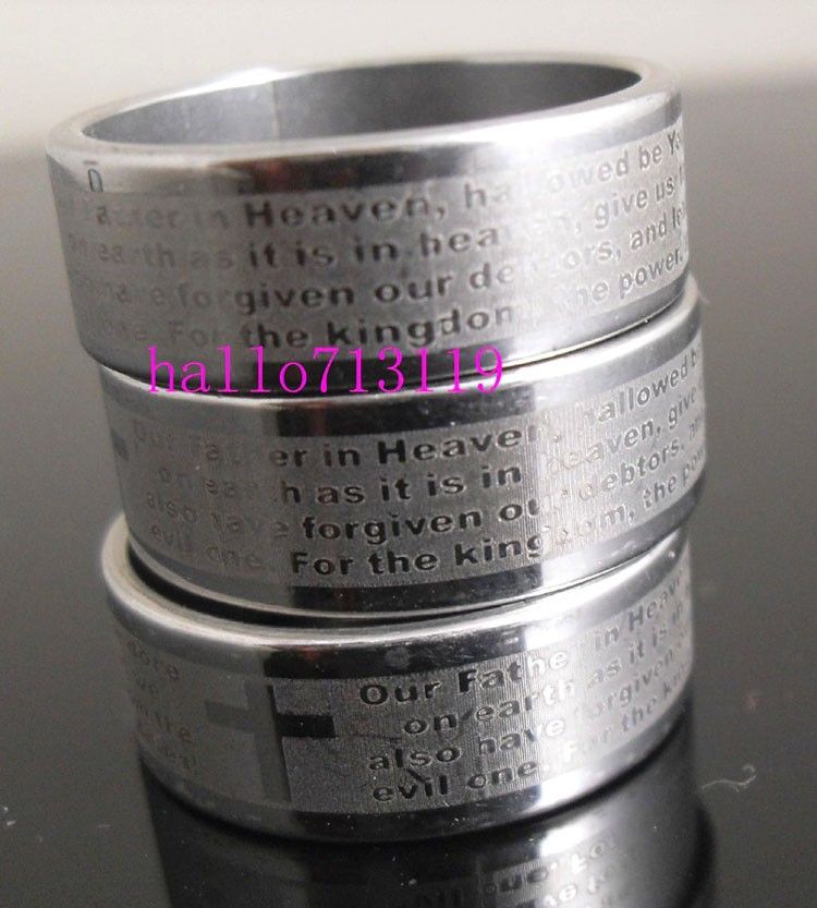 Lords Prayer English Bible Cross Stainless Steel Ring Jewelry free 
