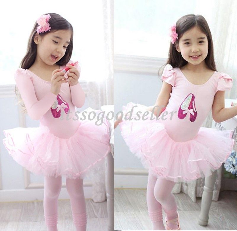 Girl Party Long & Short Sleeve Leotard Pink Ballet Dance Fairy Tutu 