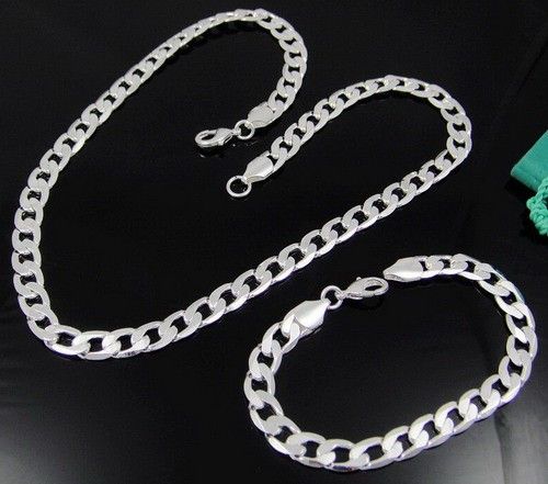 Silver EP Men 6MM /8MM /10MM Curb Necklace Bracelet S61  