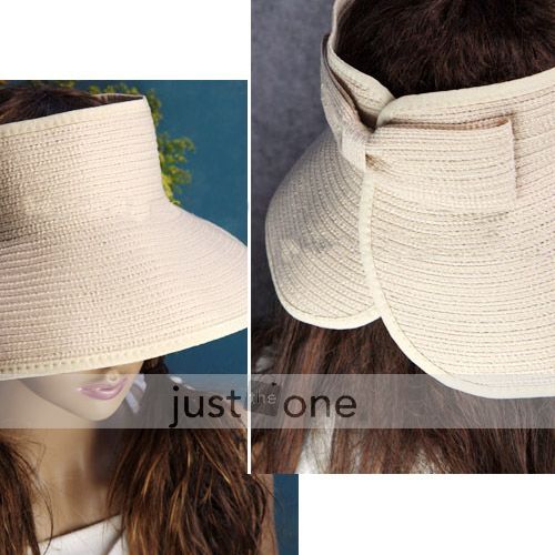 Lady Sun Hat Visor Cap w Bow Roll Up Wide Brim Beach  