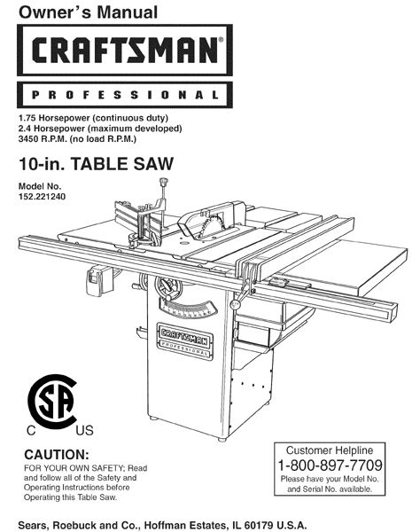  Craftsman Table Saw Owners Manual Many Models Av.  