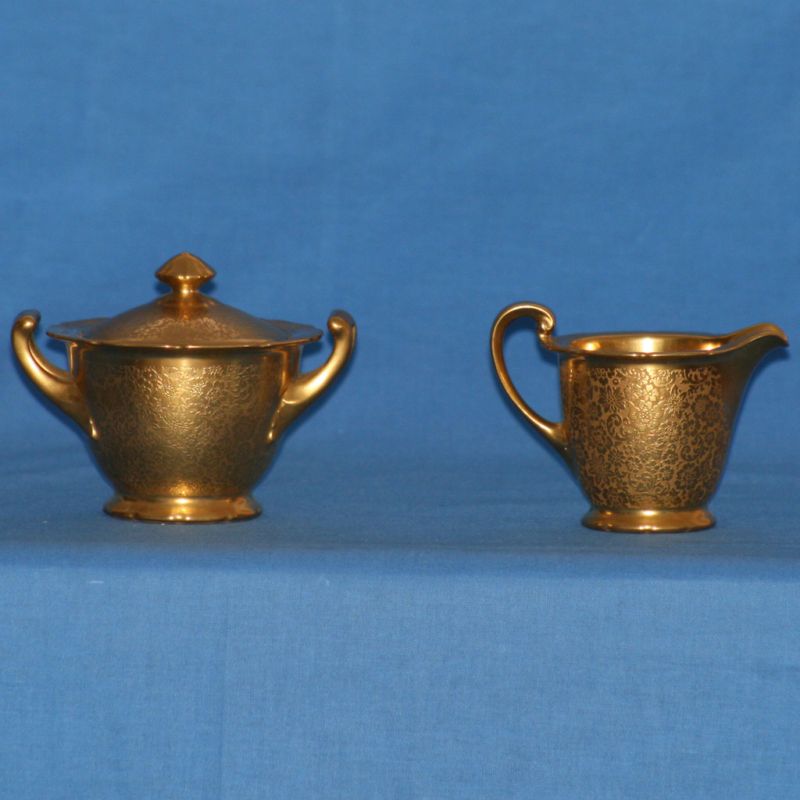 Pickard China Gold Rose and Daisy Sugar & Creamer Set  